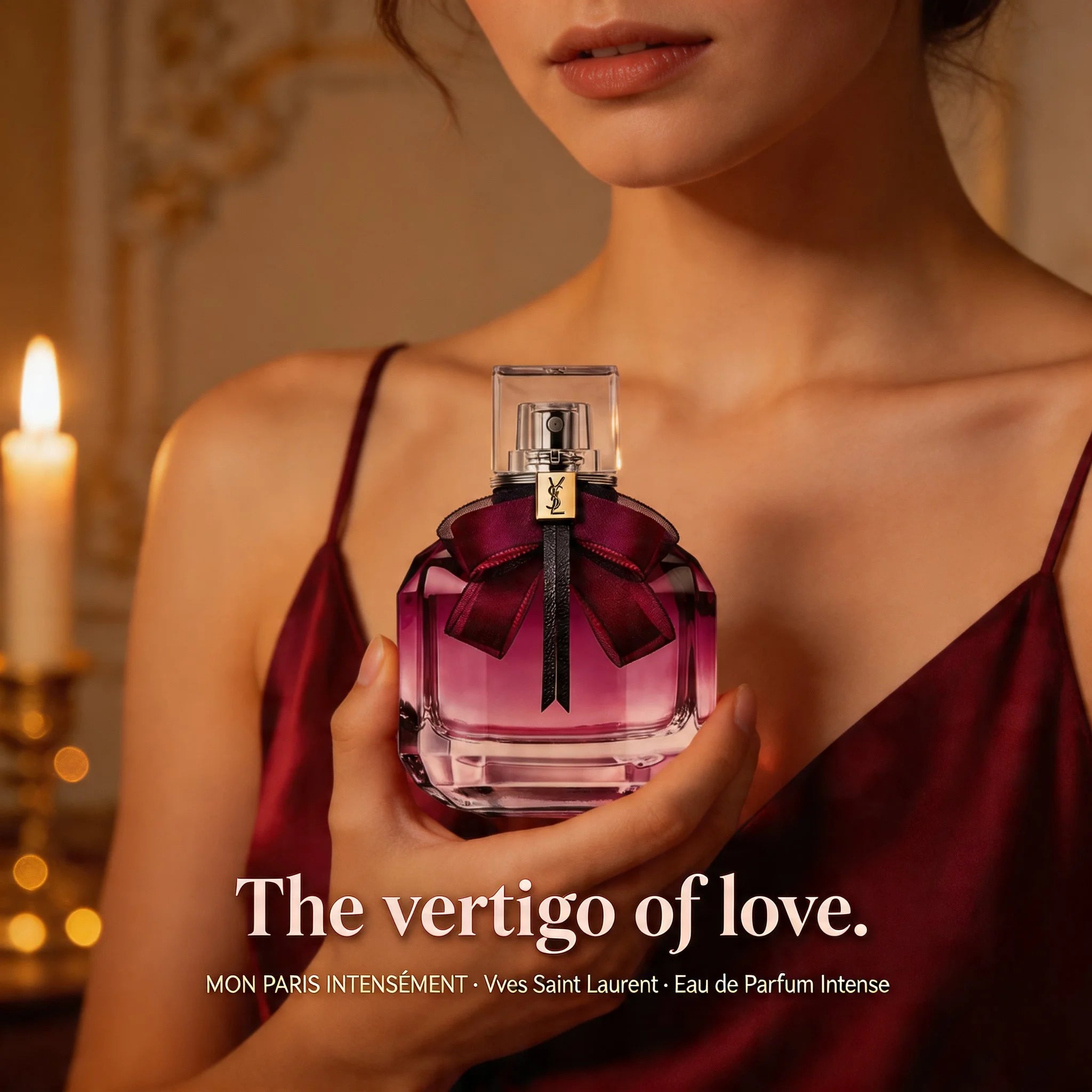 Woman holding a purple perfume bottle with 'The vertigo of love' text and Yves Saint Laurent branding.