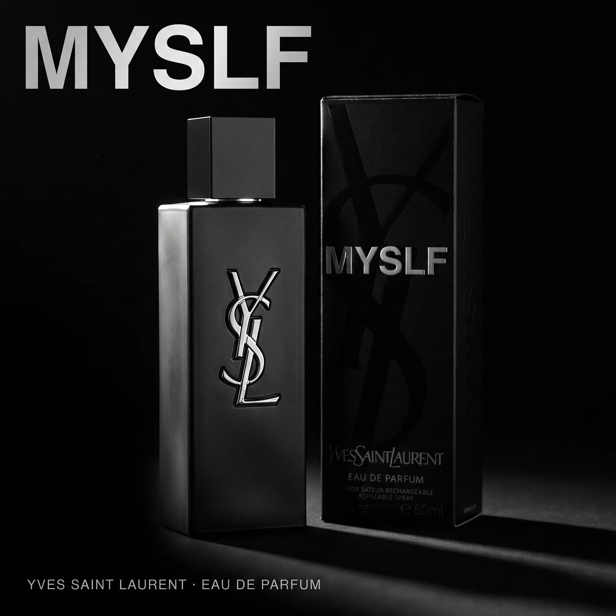 Yves Saint Laurent perfume bottle and packaging on a black background with 'MYSLF' branding.