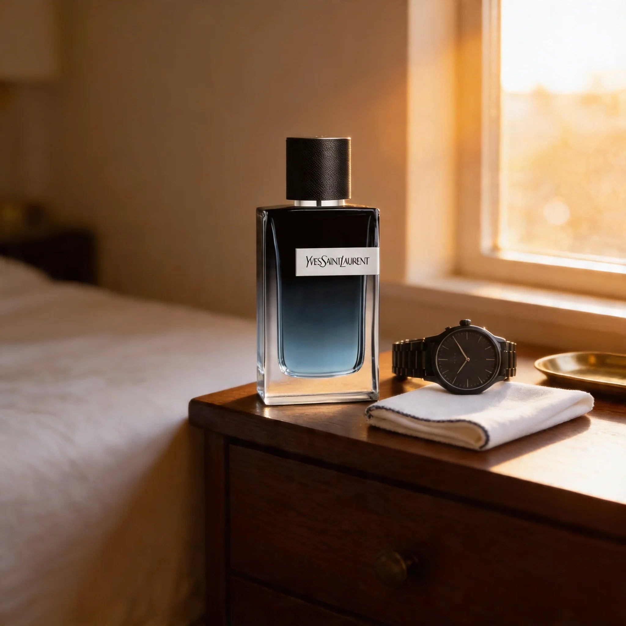 Yves Saint Laurent perfume bottle and watch on a wooden surface with soft lighting
