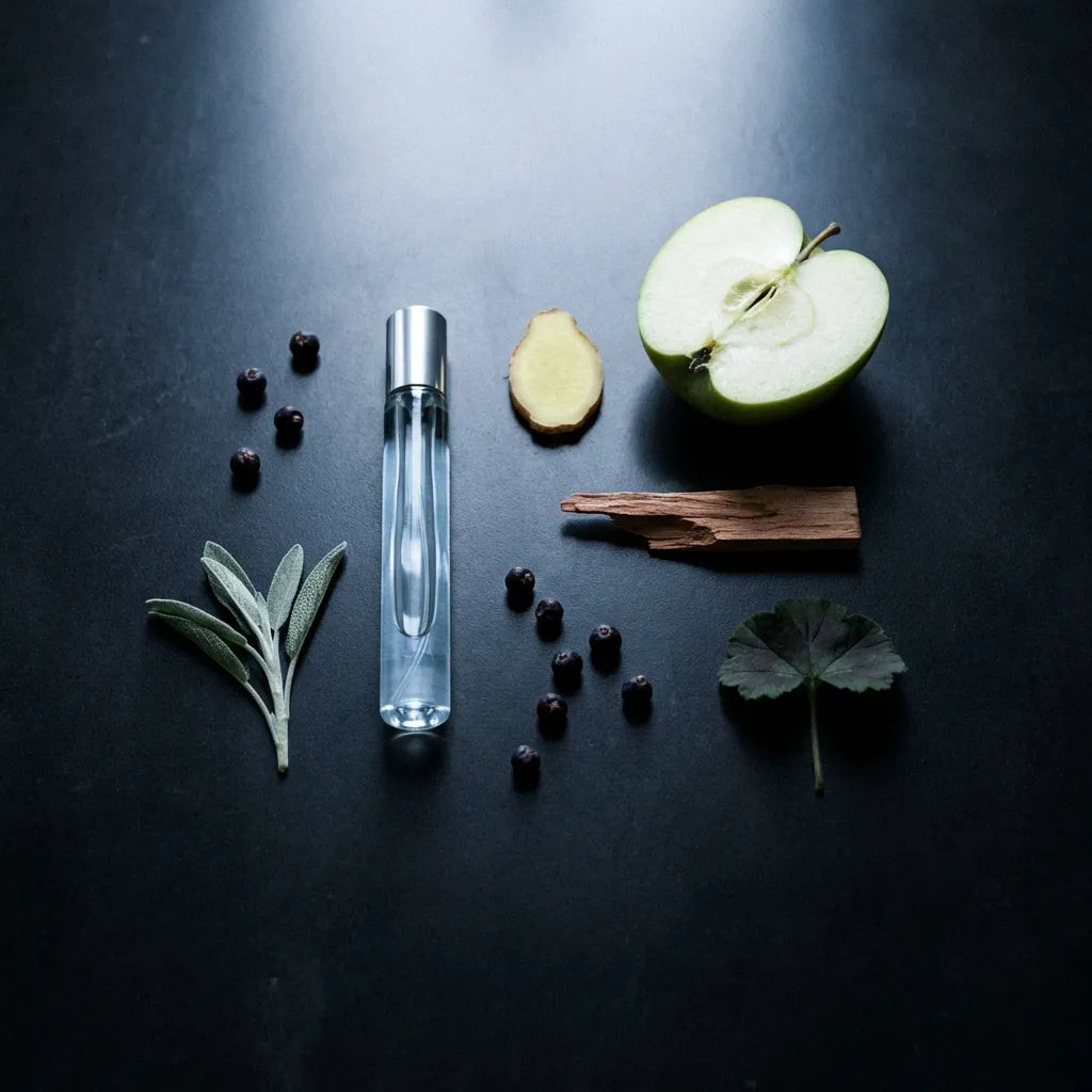 Clear glass bottle with natural elements on a dark surface