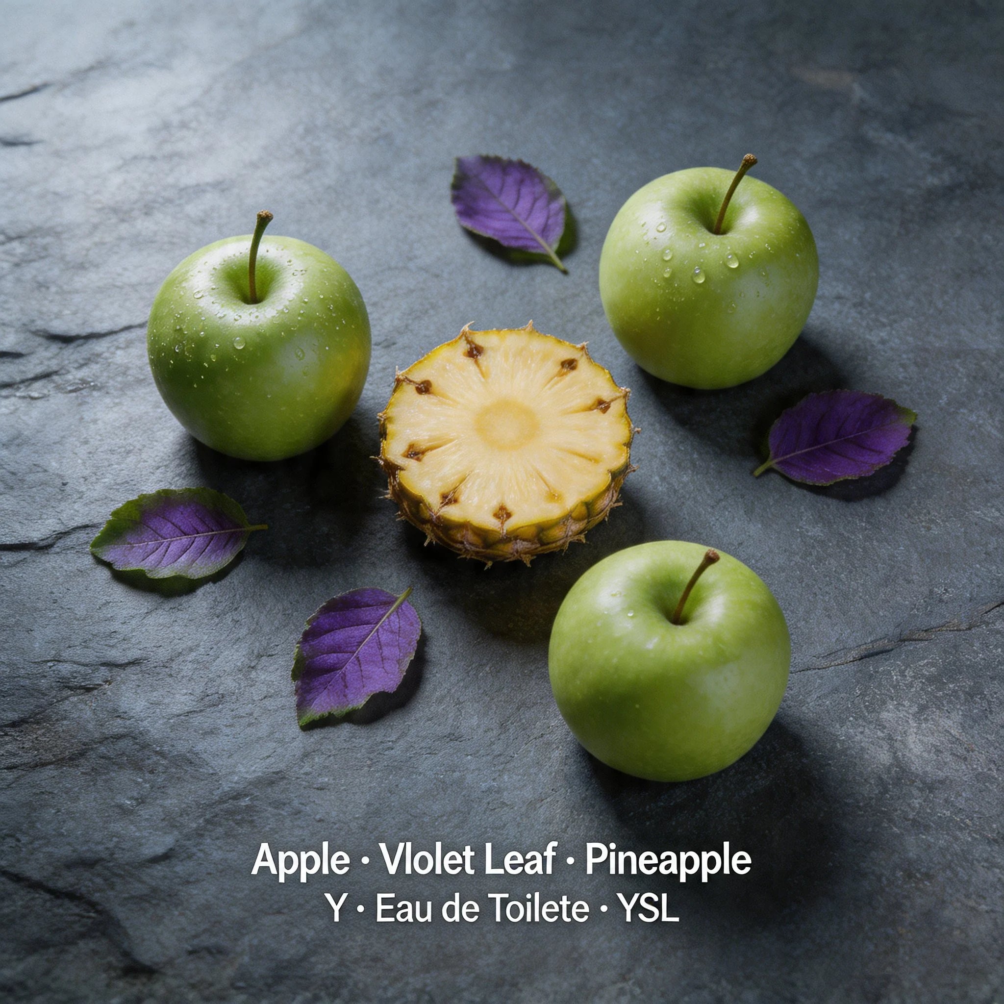 Three green apples, a halved pineapple, and purple leaves on a dark stone surface with YSL branding.