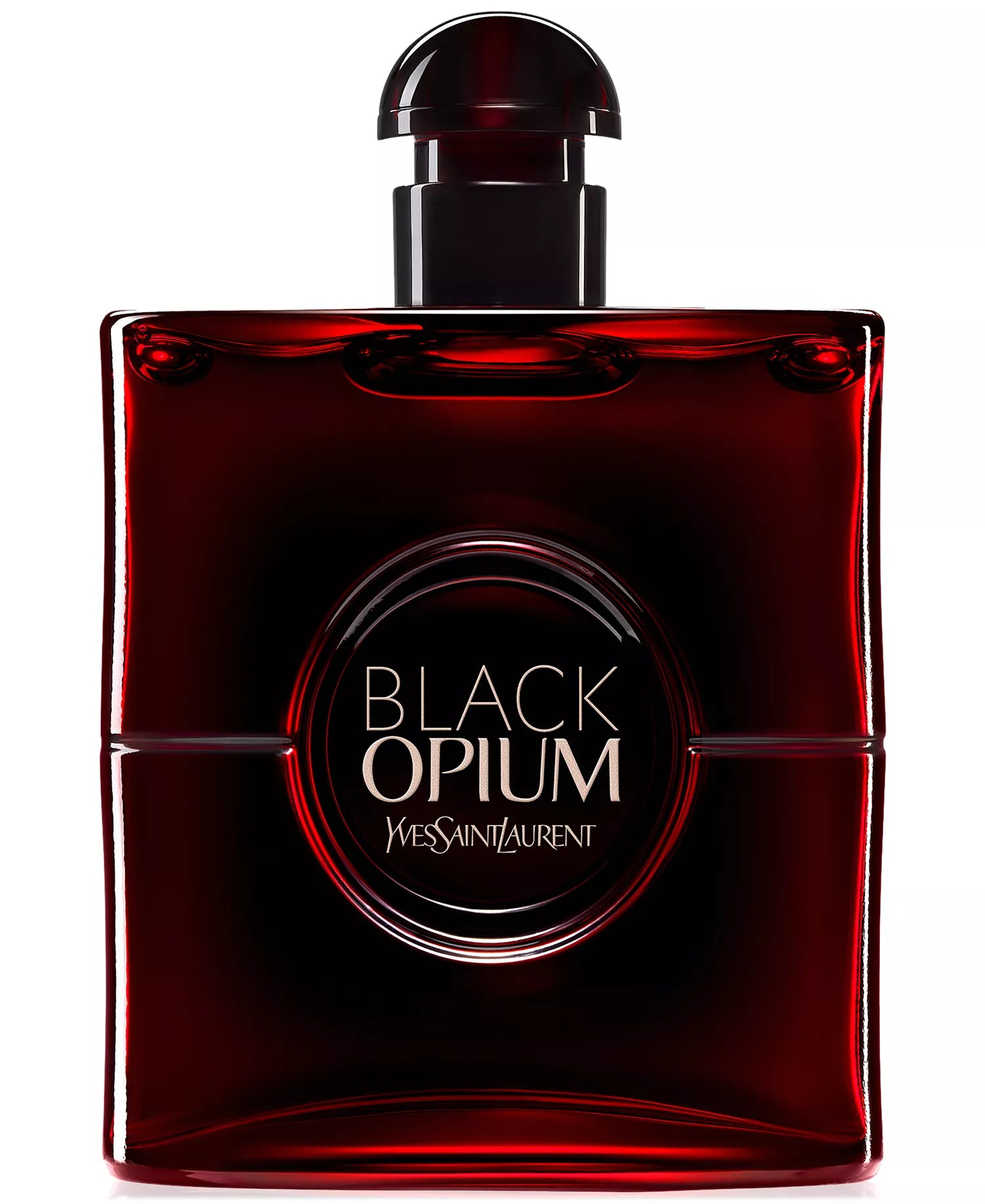 Red Yves Saint Laurent Black Opium perfume bottle on a white background
