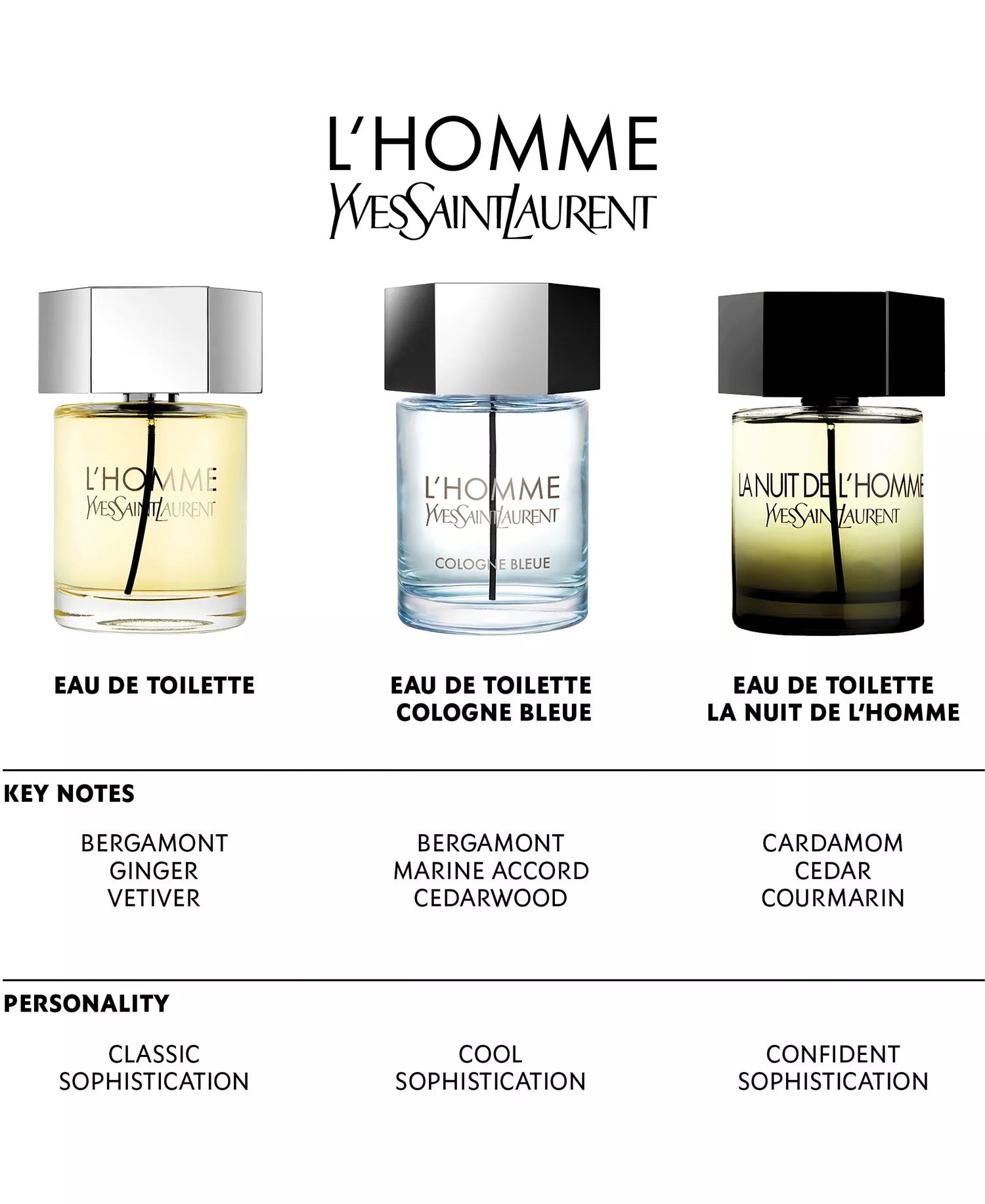 Yves Saint Laurent L'Homme perfume collection with product names and key notes.