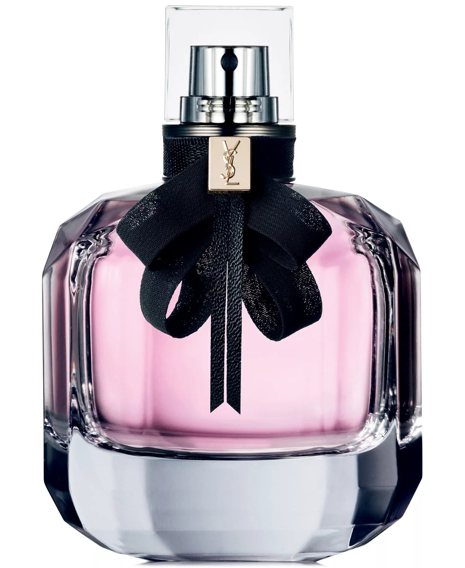 YSL perfume bottle with pink liquid and black ribbon on a white background
