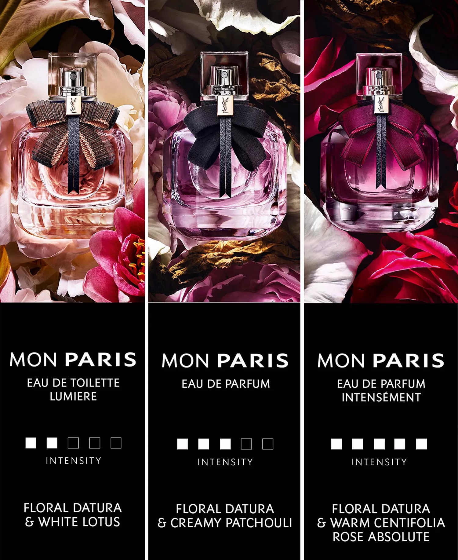 Three different versions of a Mon Paris perfume bottle with floral backgrounds.