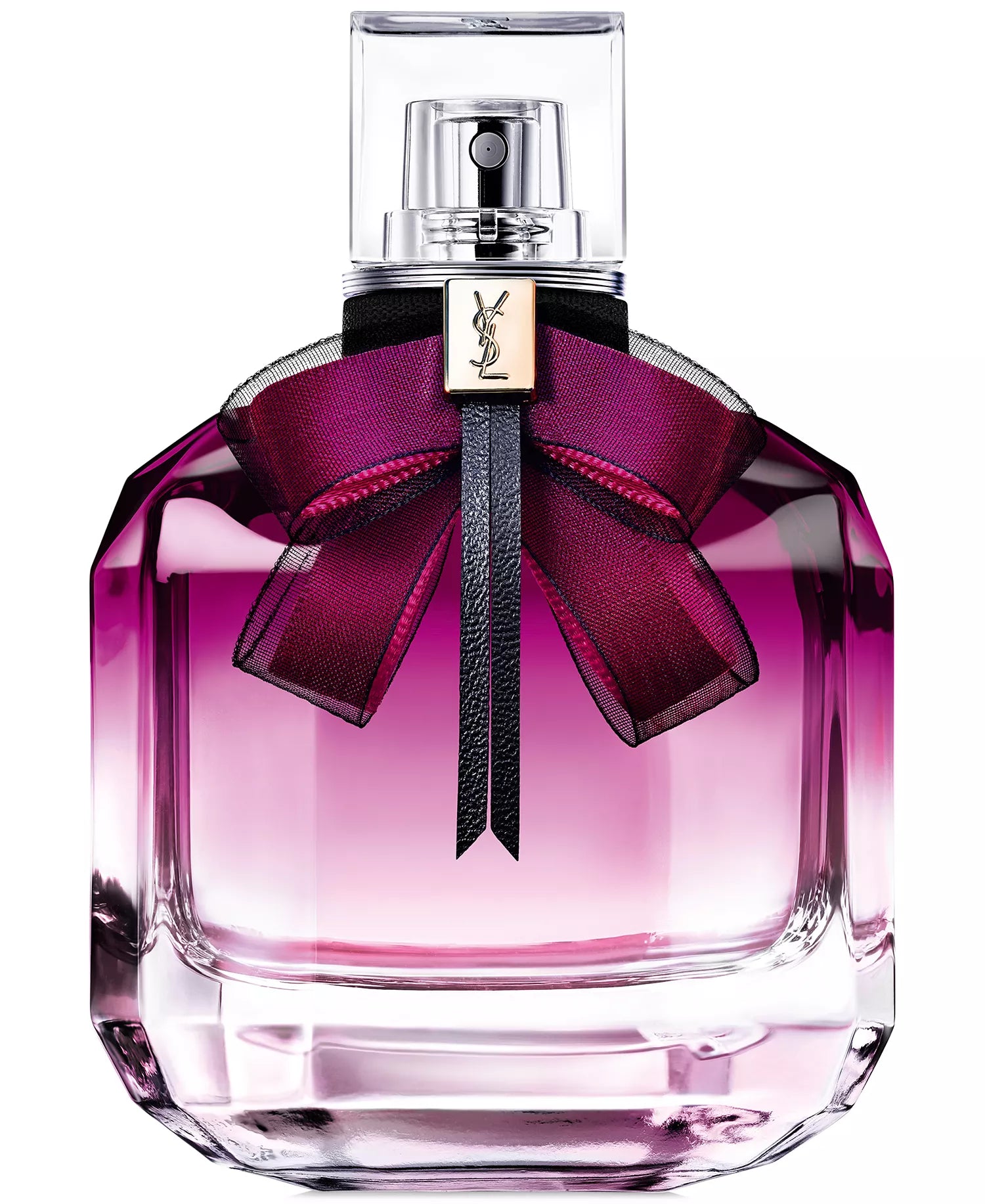 Pink perfume bottle with a bow and YSL logo on a white background